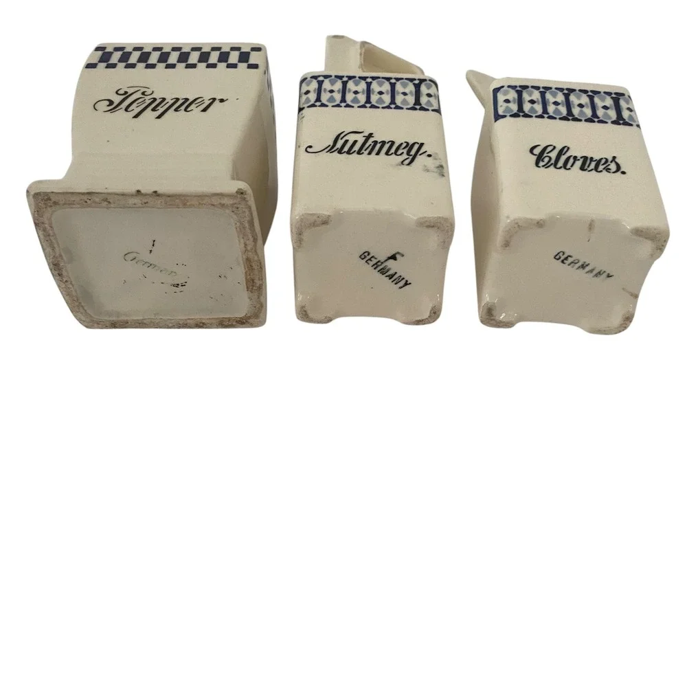 Vintage German Ceramic Spice Canister‎ Lot Blue White Pepper Nutmeg Cloves 3pc